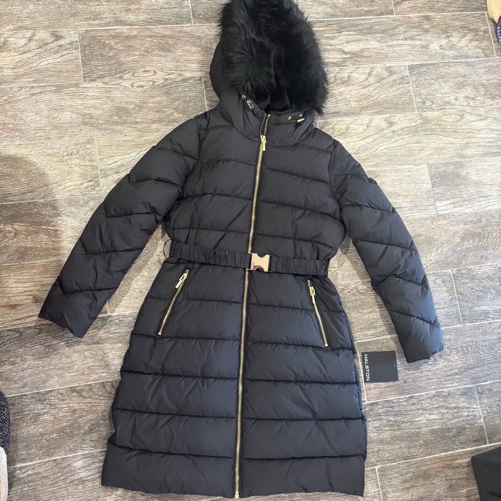 HALSTON Full Zip Belted Puffer Coat Women's Sz S Black Faux Fur Trim NWT Luxury